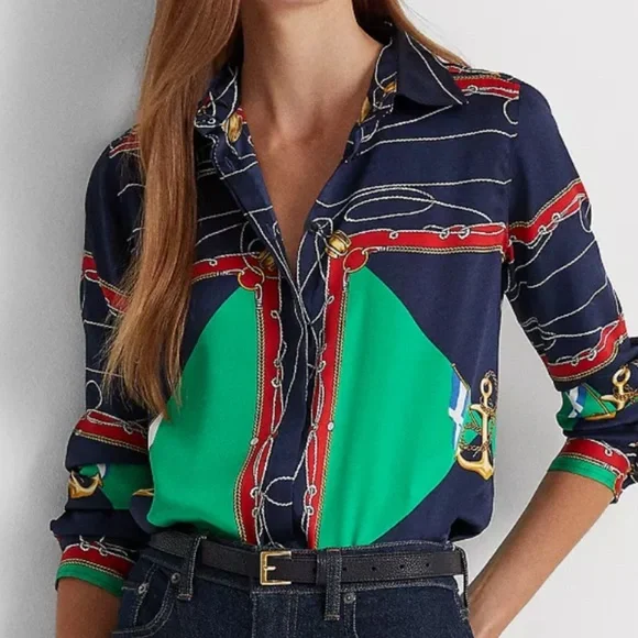 Lauren Ralph Lauren Navy and Green Blouse - Picture 3 of 7